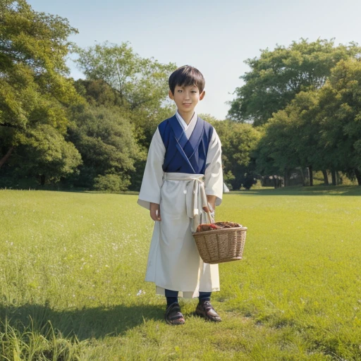 High resolution, Super detailed, masterpiece, highest quality,oriental、boy、boy working in the field、grassland、Basket Bag、Wearing traditional Japanese costumes、alone、