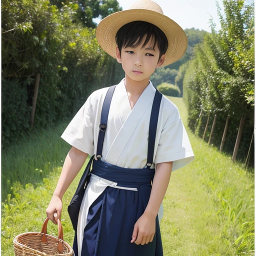 High resolution, Super detailed, masterpiece, highest quality,oriental、boy、boy working in the field、grassland、Basket Bag、Wearing traditional Japanese costumes、alone、