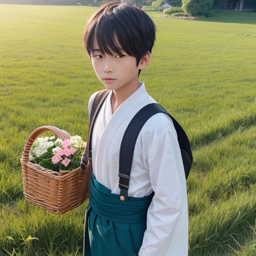 High resolution, Super detailed, masterpiece, highest quality,oriental、boy、boy working in the field、grassland、Basket Bag、Wearing traditional Japanese costumes、alone、