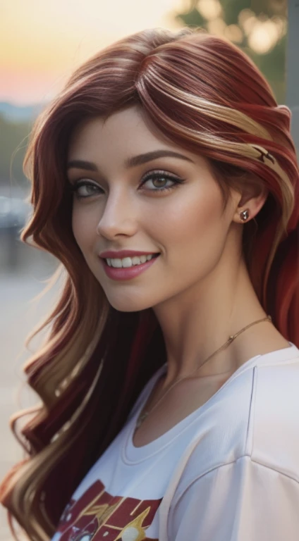 (Obra maestra, La mejor calidad, fotorrealista, Altas Resoluciones, Cinematographer, :1.3), Foto selfie de la parte superior del cuerpo, sharp focus, 1 chica adolesente , 16 years, Chica europea, Modelo linda, diafragma, Ojos verdes y pupilas altamente detallados, Piel realista, Forma delgada del cuerpo, escote, cabello extremadamente detallado, They are smiling, sexy, ((Camiseta con cuello en V)), interior, ((realista, super-realistic, realismo, Detalles realistas)), sunset shimmer humana , sunset shimmer , mlp , lindo maquillaje labios rojos , cabello rojo con mechas doradas , pony tail , gran sonrisa , ropa grunge , ropa de motociclista , maquillaje , labios rojos , posando y saludando a la camara