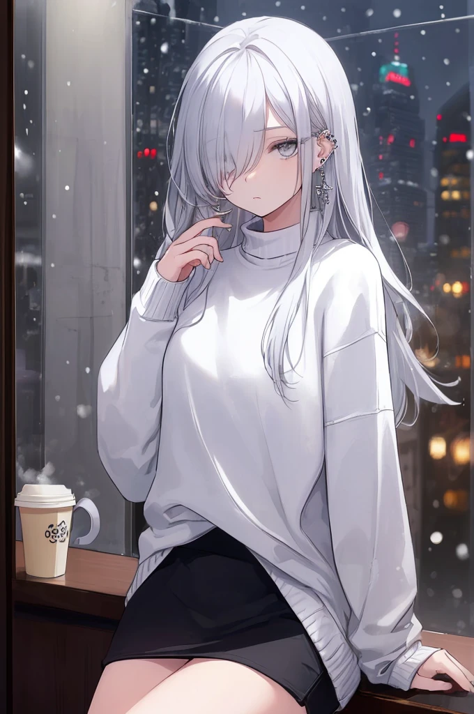 ((masterpiece:1.4, best quality:1.2)), 1girl, solo focus, beautiful skin, white sweatshirt, long white hair, grey eyes, sitting, earrings, piercing, coffee shop window, night, snowing, cityscape, tall female, beautiful and delicate female, comfy ambience, {correct posing}, {detailed background}, a miniskirt, hair over one eye