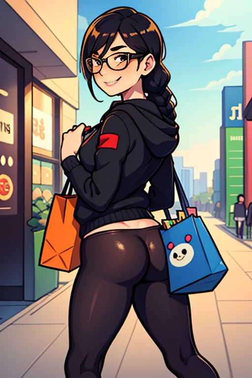 masterpiece, high quality cg, anime, illustration, best quality, 1girl, bound, bondage, beautiful face, detailed face, dokkaebi, 1girl, solo, black hair, braid, glasses,hair behind ear, hoodie, leggings, holding shopping bags, walking, in shopping mall, shot from behind, smirking, seductive smile