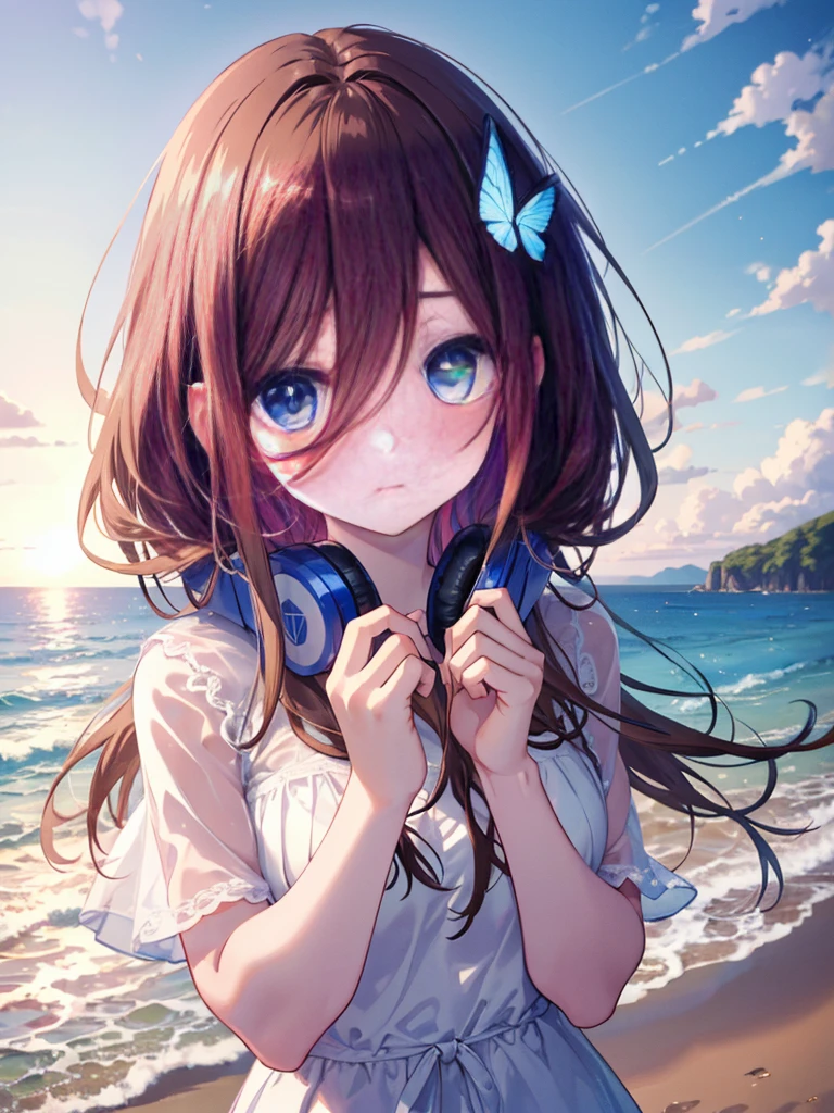 masterpiece, highest quality, 1 girl, (whole body), Miku, (brown hair), shy, blush,While strolling along the sandy sands of the beach、brown hair fluttering in the breeze, blue ruby eyes,(masterpiece:1.2), highest quality, High resolution, unity 8k wallpaper, (figure:0.8), (beautiful and fine eyes:1.6), highly detailed face, perfect lighting, Very detailed CG, (perfect hands, perfect anatomy),