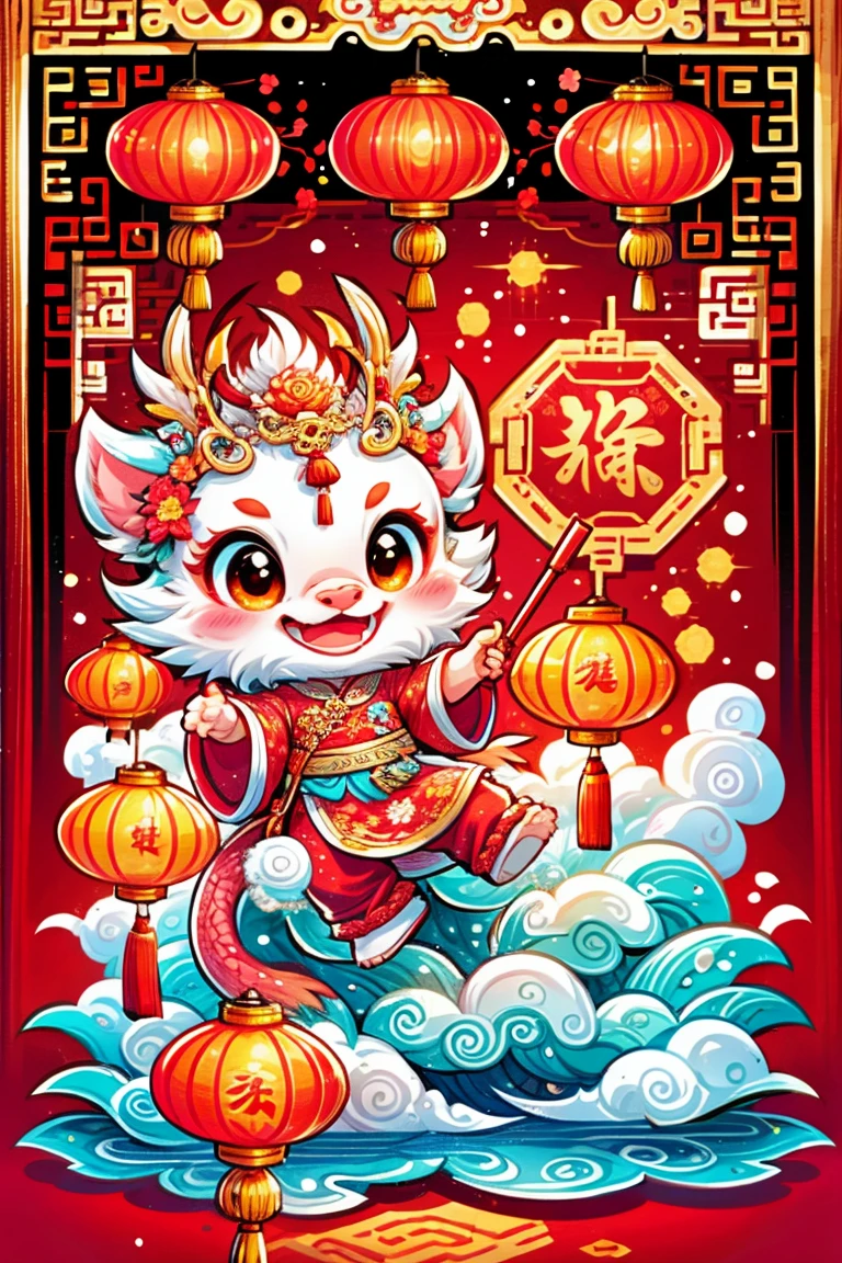 1 Chinese dragon，[(red background:1.5)::5]，medium shot，Chinese style，Spring Festival，lantern，fireworks，firecracker，Floral fragrance，stone fragment，Beautiful and delicate water，Wood grain flooring，Cute Chinese Dragon