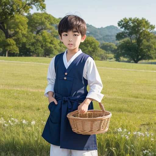  High resolution, Super detailed, masterpiece, highest quality,oriental、boy、boy working in the field、grassland、Basket Bag、Wearing traditional Japanese costumes、game poster、alone、