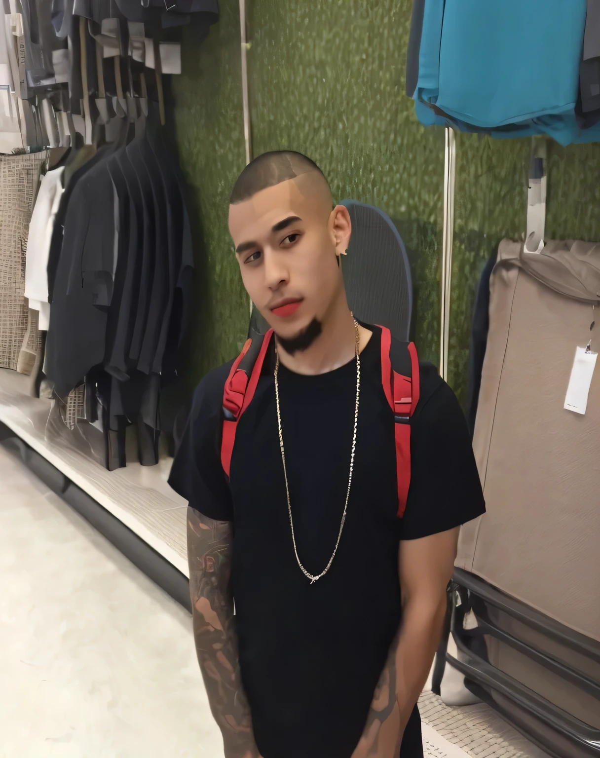 arafed man with a chain around his neck standing in a store, joel torres, at target, around 1 9 years old, raytrayced, smooth in the background, at instagram, teddy fresh, taken in the early 2020s, snapchat photo, at a mall, facebook post, profile pic, he is wearing a black t-shirt