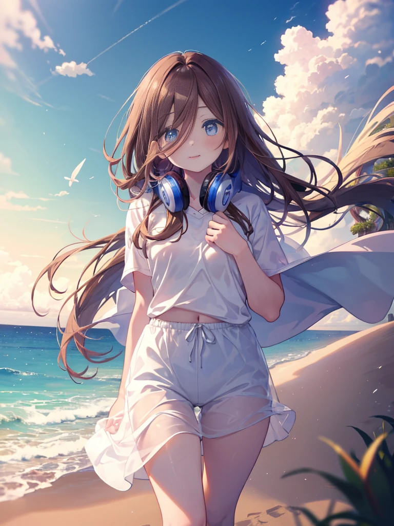 masterpiece, highest quality, 1 girl, (whole body), Miku, (brown hair), smile,blush,While strolling along the sandy sands of the beach、brown hair fluttering in the breeze, blue ruby eyes,(masterpiece:1.2), highest quality, High resolution, unity 8k wallpaper, (figure:0.8), (beautiful and fine eyes:1.6), highly detailed face, perfect lighting, Very detailed CG, (perfect hands, perfect anatomy),