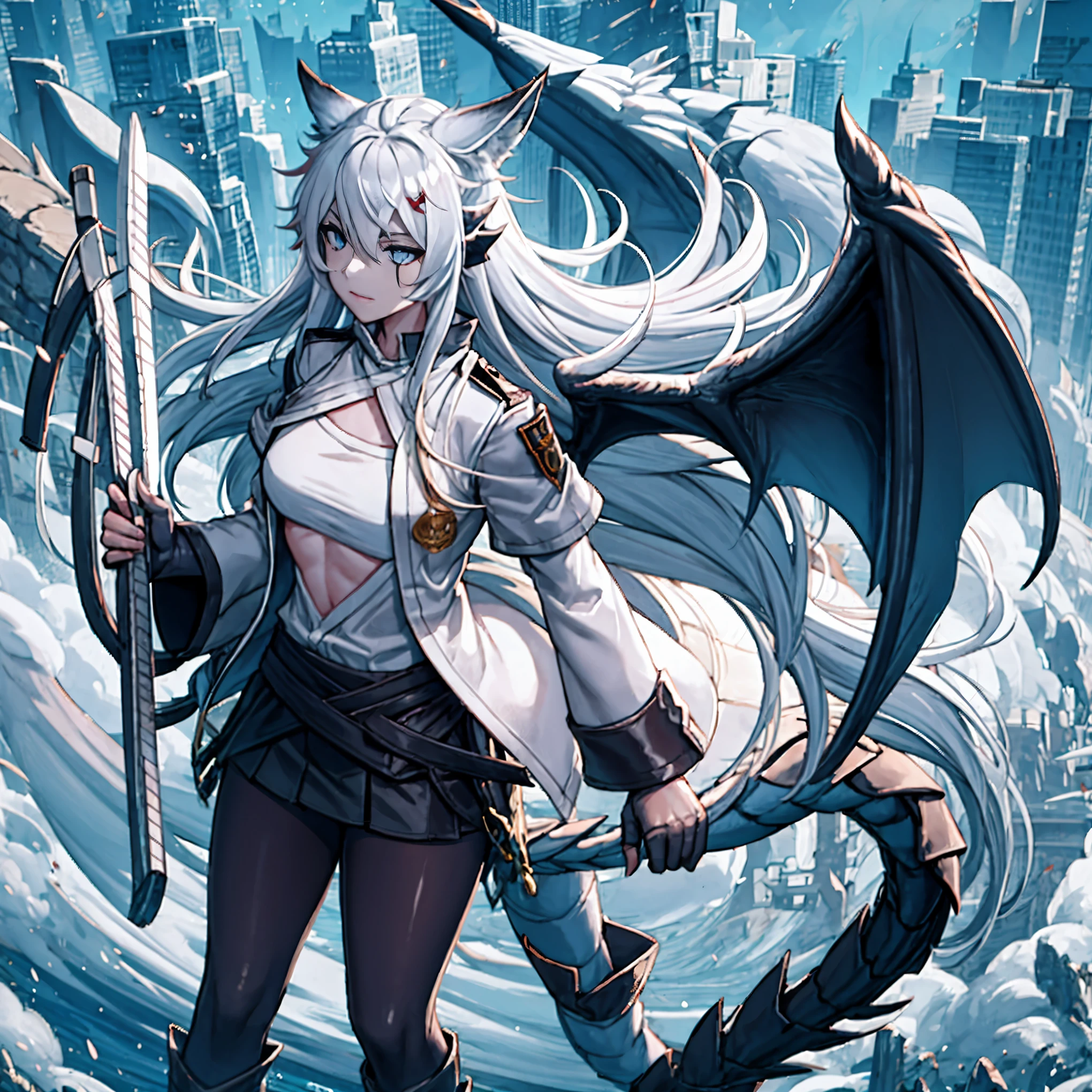 masterpiece, shoulder length white hair, female,2 white fox ears, teenage girl, body,, white scale dragon tail, military boots,black leggings, dark blue skirt, white T-shirt, white jacket, medium size chest, detailed blue eyes,solo female,1 dragon tail, tomboyish, thick dragon tail, white scales, 2 dragon wings, white fluffy wings