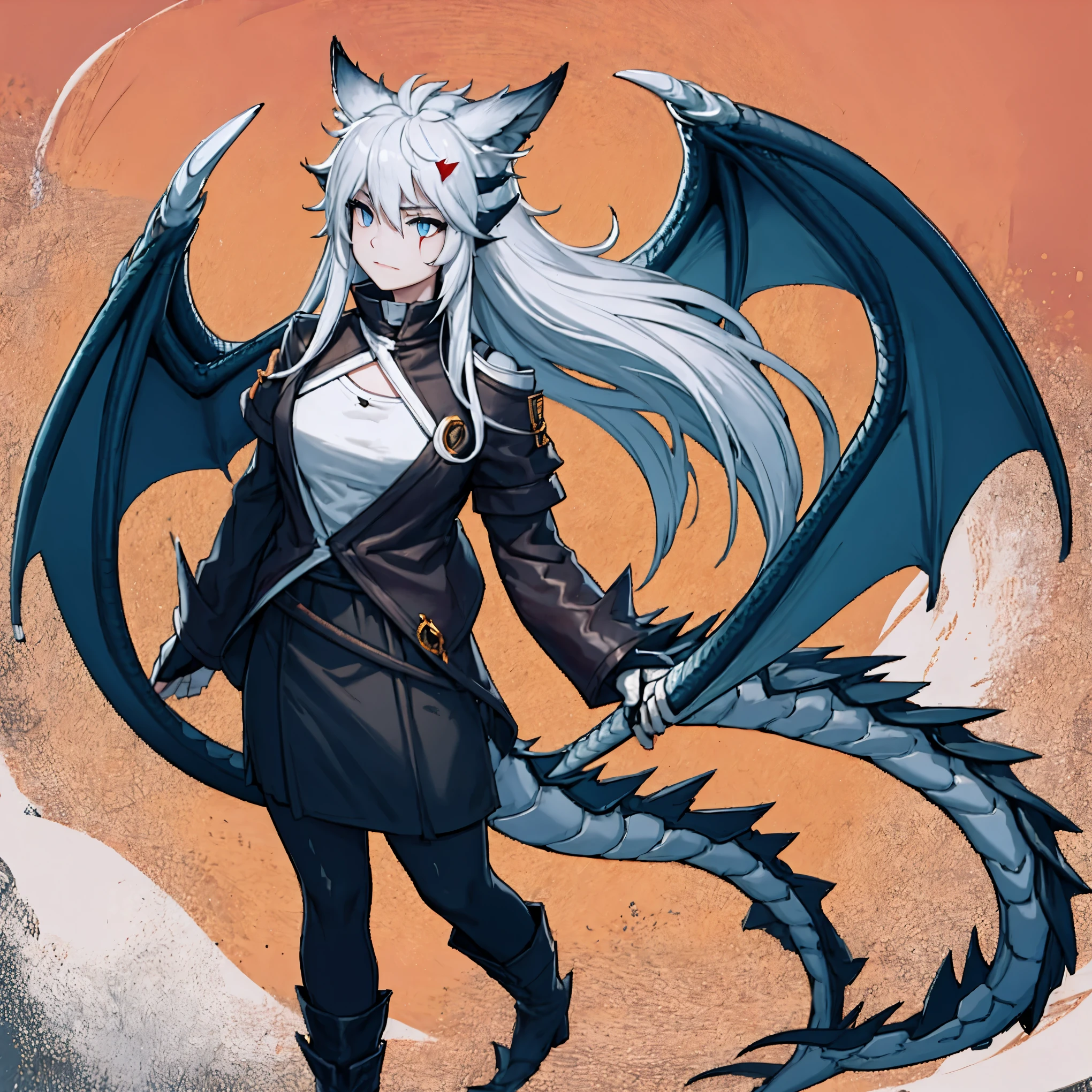 masterpiece, shoulder length white hair, female,2 white fox ears, teenage girl, body,, white scale dragon tail, military boots,black leggings, dark blue skirt, white T-shirt, white jacket, medium size chest, detailed blue eyes,solo female,1 dragon tail, tomboyish, thick dragon tail, white scales, 2 dragon wings, white fluffy wings