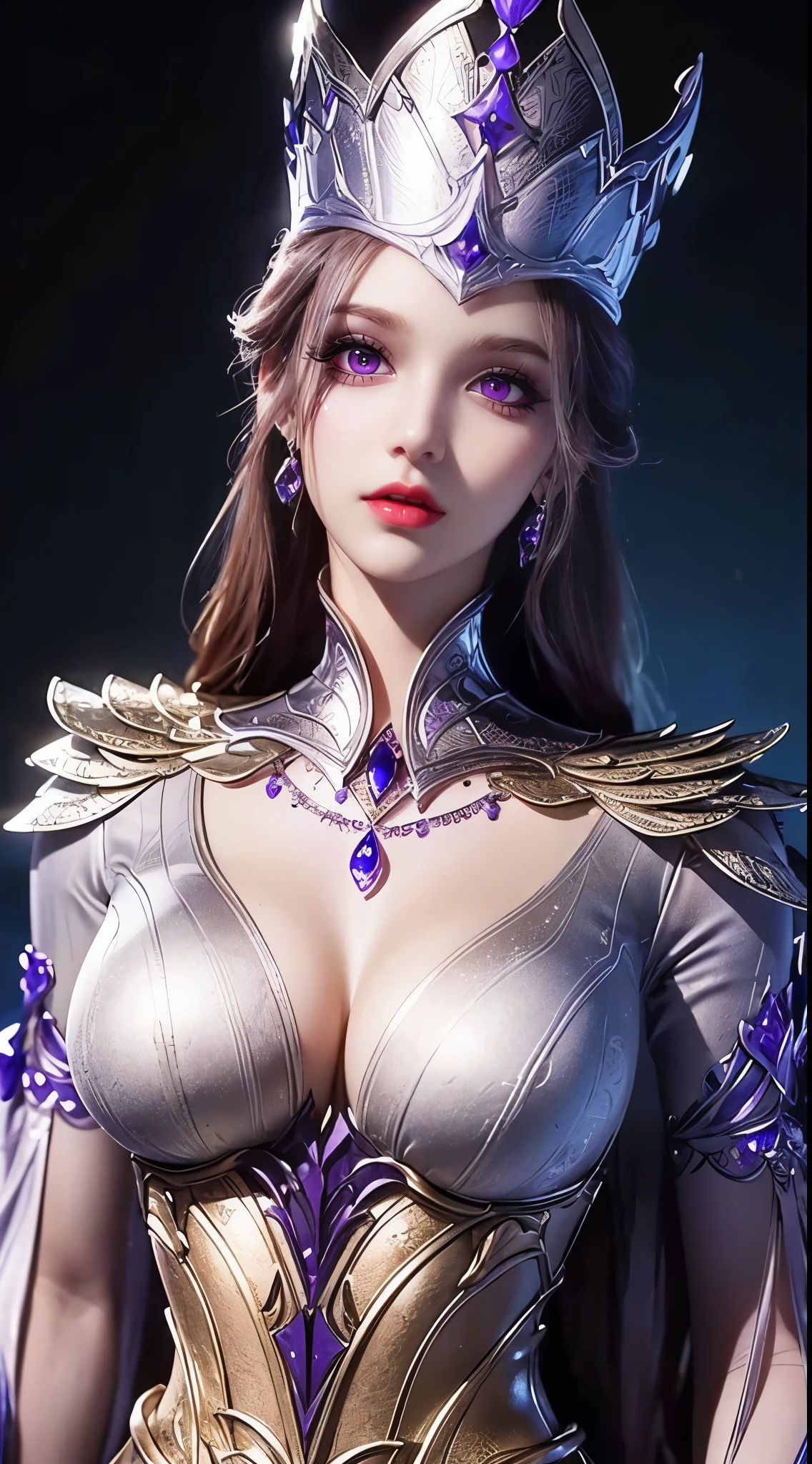 1 Sexy goddess wearing sexy purple armor, Armor with many intricate and elaborate patterns, thin armor, deep slit shirt, Long, silky purple hair, Wearing a purple and silver spear cap, most beautiful、The most delicate hair accessories, Pretty little face with thin eyebrows, most beautiful、Spotless face, ((black iris:0.8)), very beautiful eyes, big round eyes, ((Deep purple eyes:1.1)), Exquisite makeup eyelashes, high nose, wear earrings, small red lips, rosy face, clean face, Beautiful face without blemishes, Light滑白皙的皮肤, ((big breasts: 0.9)), blooms , ((Large, round chest:0.9)), ((super tight breasts:1.2)), ((breast enhancement: 0.8)), beautiful , Slim petite body, ((thin waist: 0.9)), Upper body of a beautiful girl, Hot and sexy body, sexy girl, skirt, 8k photo, super high quality, Surreal, 10x super pixels, photo逼真, dark studio, border Light, two tone Light, (Detail skin high: 1.2), 8k ultra high definition, SLR camera, soft Light, high quality, volumetric Light, frank, photo, high resolution, Light, 最好的photo, 4k quality, 8k, Bokeh, Light滑锐利, Pixels increased 10 times, (background space: 1.8), (galaxy: 1.7), 极Light, Lightning, super graphics, The most realistic graphics,(极Light背景: 1.8), alone, alone, portrait 9:16, extremely sharp, Surreal images,