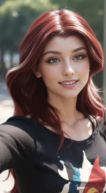 (Obra maestra, La mejor calidad, fotorrealista, Altas Resoluciones, Cinematographer, :1.3), Foto selfie de la parte superior del cuerpo, sharp focus, 1 chica adolesente , 16 years, Chica europea, Modelo linda, diafragma, Ojos verdes y pupilas altamente detallados, Piel realista, Forma delgada del cuerpo, escote, cabello extremadamente detallado, They are smiling, sexy, ((Camiseta con cuello en V)), interior, ((realista, super-realistic, realismo, Detalles realistas)), sunset shimmer humana , sunset shimmer , mlp , lindo maquillaje labios rojos , cabello rojo con mechas doradas , pony tail , gran sonrisa , ropa grunge , ropa de motociclista , maquillaje , labios rojos , posando y saludando a la camara