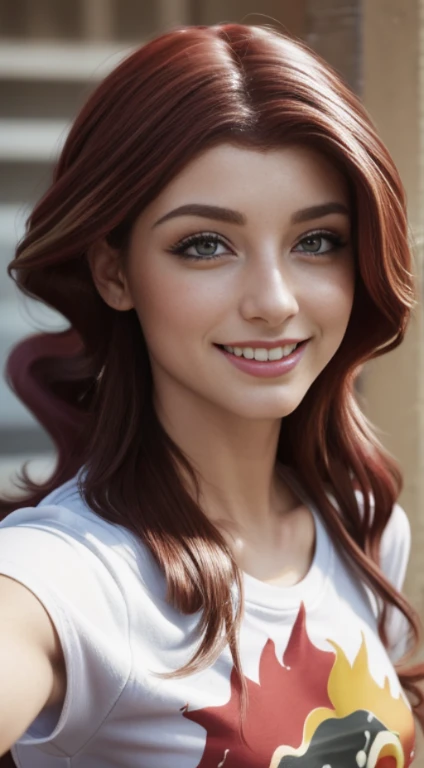(Obra maestra, La mejor calidad, fotorrealista, Altas Resoluciones, Cinematographer, :1.3), Foto selfie de la parte superior del cuerpo, sharp focus, 1 chica adolesente , 16 years, Chica europea, Modelo linda, diafragma, Ojos verdes y pupilas altamente detallados, Piel realista, Forma delgada del cuerpo, escote, cabello extremadamente detallado, They are smiling, sexy, ((Camiseta con cuello en V)), interior, ((realista, super-realistic, realismo, Detalles realistas)), sunset shimmer humana , sunset shimmer , mlp , lindo maquillaje labios rojos , cabello rojo con mechas doradas , pony tail  , gran sonrisa ,  ropa grunge , ropa de motociclista , maquillaje , labios rojos , posando y saludando a la camara