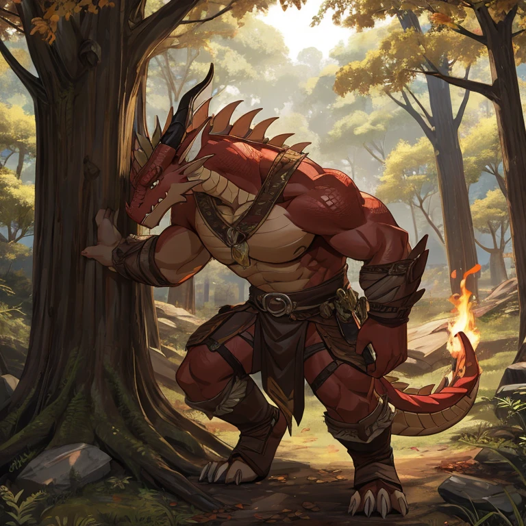 Wood Dragon Man，brown，horn，trees，plant，scales，strong，violent，red，Tragedy，Detailed character details