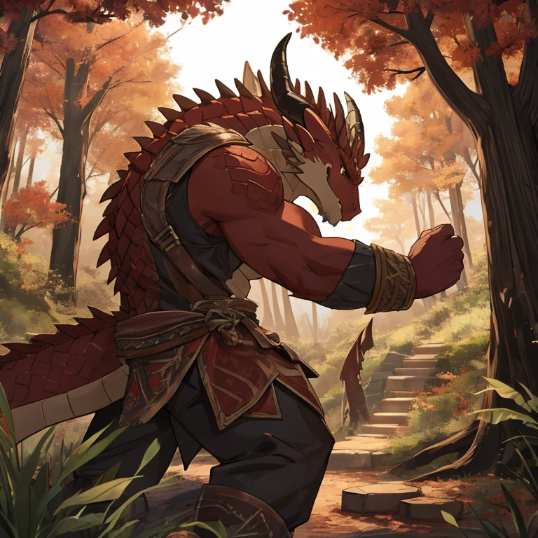 Wood Dragon Man,brown,horn,trees,plant,scales,strong,violent,red,Tragedy,Detailed character details