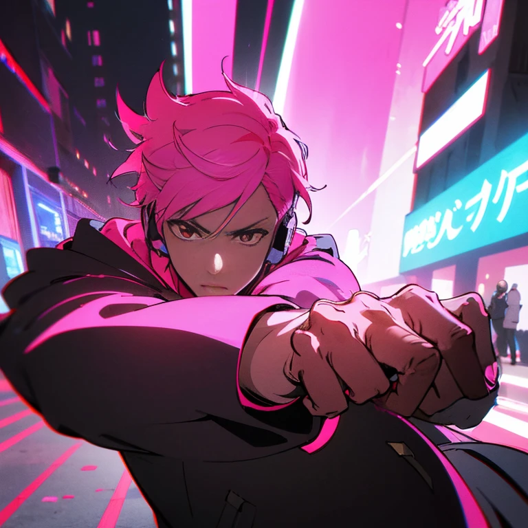 (shortcut), (two block hair), (bright pink hair), (red eyes), (cool pose), (top quality), (masterpiece), (Super detailed), (oversized hoodie), (Street style), (neon), (modern city), (neonデイライト), (cinematic), (stylish), (High resolution), (hyper-detailed), (soft town), (Nightcore), (a handsome guy), (man wearing headphones), (natural appearance of the building), (IG studio anime style), (Low - Angle), (looking at the camera), (visualize)