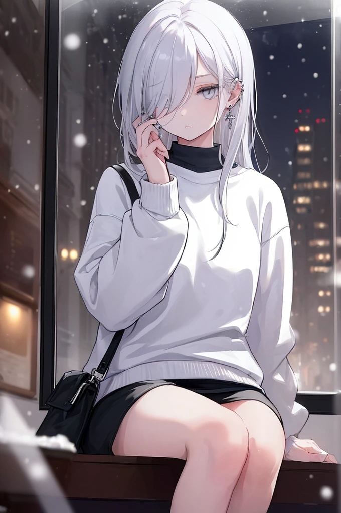 ((masterpiece:1.4, best quality:1.2)), 1girl, solo focus, beautiful skin, blush, black sweatshirt, long white hair, grey eyes, sitting, earrings, Hands piercing, coffee shop window, night, snowing, cityscape, tall female, beautiful and delicate female, comfy ambience, {detailed background}, I'm not wearing panties, hair over one eye, shy, Not wearing underwear, sexy, naked, Your genitals are visible, spread your leg