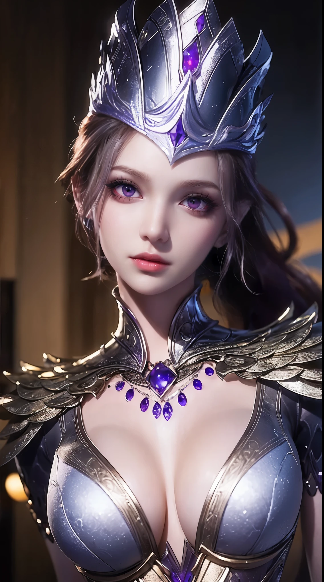 1 Sexy goddess wearing sexy purple armor, Armor with many intricate and elaborate patterns, thin armor, deep slit shirt, Long, silky purple hair, Wearing a purple and silver spear cap, most beautiful、The most delicate hair accessories, Pretty little face with thin eyebrows, most beautiful、Spotless face, ((black iris:0.8)), very beautiful eyes, big round eyes, ((Deep purple eyes:1.1)), Exquisite makeup eyelashes, high nose, wear earrings, small red lips, rosy face, clean face, Beautiful face without blemishes, Light滑白皙的皮肤, ((big breasts: 0.9)), blooms , ((Large, round chest:0.9)), ((super tight breasts:1.2)), ((breast enhancement: 0.8)), beautiful , Slim petite body, ((thin waist: 0.9)), Upper body of a beautiful girl, Hot and sexy body, sexy girl, skirt, 8k photo, super high quality, Surreal, 10x super pixels, photo逼真, dark studio, border Light, two tone Light, (Detail skin high: 1.2), 8k ultra high definition, SLR camera, soft Light, high quality, volumetric Light, frank, photo, high resolution, Light, 最好的photo, 4k quality, 8k, Bokeh, Light滑锐利, Pixels increased 10 times, (background space: 1.8), (galaxy: 1.7), 极Light, Lightning, super graphics, The most realistic graphics,(极Light背景: 1.8), alone, alone, portrait 9:16, extremely sharp, Surreal images,