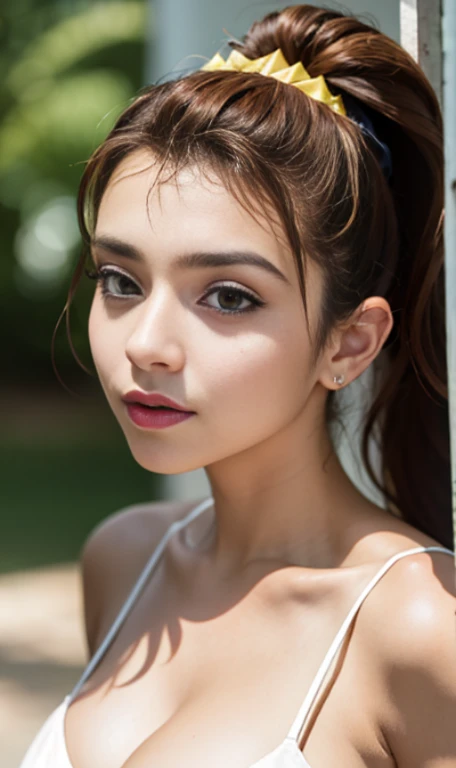 Photo of a 14 year-old american girl, .RAW, hermosa chica adolesente, (Long brown hair with ponytail), light brown hair ponytail hairstyle((retrato)), ((Cara detallada:1.2)), ((Detailed facial features)), (Piel finamente detallada) , (Masutepiece) (proporciones perfectas)(fotos realistas)(La mejor calidad) (Detallado) fotografiado con una EOS R5 de Canon, Lente de 50 mm, f/2.8, NffSW, (8k) (papel tapiz) (cinematic lighting) (Dramatic lighting) (sharp focus) (Enrevesado) senos medianos , pechos medianos , pecas en mejillas , cuerpo completo , hermoso cuerpo de mujer , lindo maquillaje , gran sonrisa , mujer delgada escultural , vestido de gala amarillo , vestido elegante escotado , dentro de casa , sala , posando en ventana