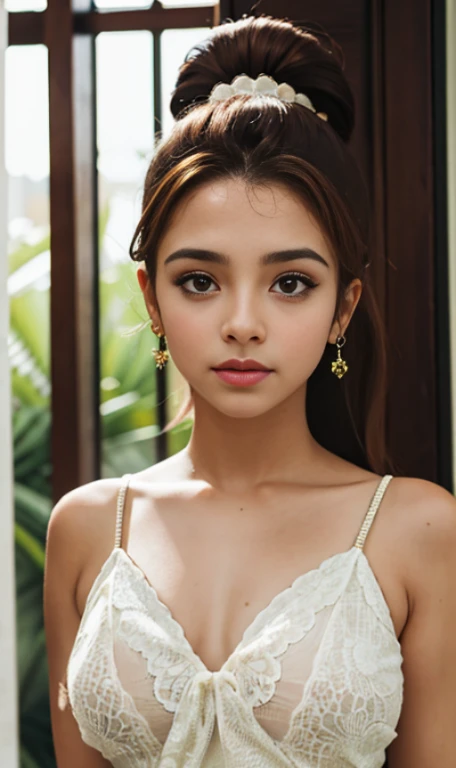 Photo of a 14 year-old american girl, .RAW, hermosa chica adolesente, (Long brown hair with ponytail), light brown hair ponytail hairstyle((retrato)), ((Cara detallada:1.2)), ((Detailed facial features)), (Piel finamente detallada)  , (Masutepiece) (proporciones perfectas)(fotos realistas)(La mejor calidad) (Detallado) fotografiado con una EOS R5 de Canon, Lente de 50 mm, f/2.8, NffSW, (8k) (papel tapiz) (cinematic lighting) (Dramatic lighting) (sharp focus) (Enrevesado) senos medianos , pechos medianos , pecas en mejillas , cuerpo completo , hermoso cuerpo de mujer ,  lindo maquillaje , gran sonrisa  , mujer delgada escultural , vestido de gala amarillo , vestido elegante escotado , dentro de casa , sala , posando en ventana