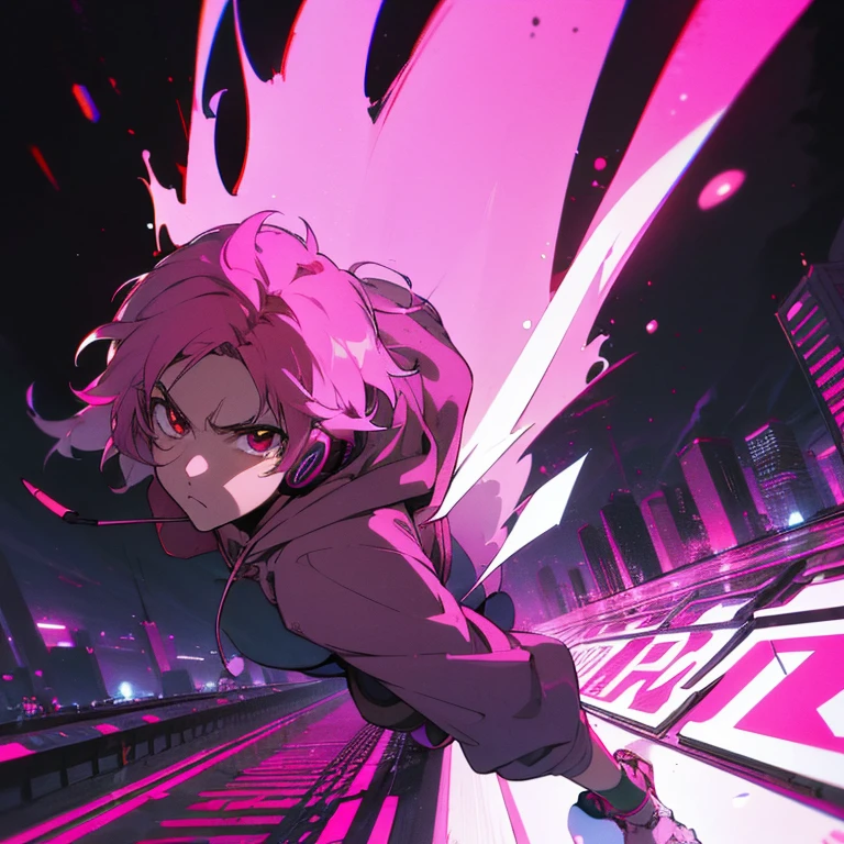 (shortcut), (two block hair), (bright pink hair), (red eyes), (cool pose), (top quality), (masterpiece), (Super detailed), (oversized hoodie), (Street style), (neon), (modern city), (neonデイライト), (cinematic), (stylish), (High resolution), (hyper-detailed), (soft town), (Nightcore), (a handsome guy), (man wearing headphones), (natural appearance of the building), (IG studio anime style), (Low - Angle), (looking at the camera), (visualize)