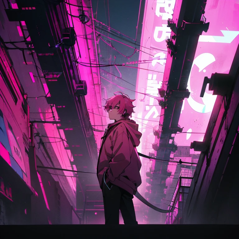 (shortcut), (two block hair), (bright pink hair), (red eyes), (cool pose), (top quality), (masterpiece), (Super detailed), (oversized hoodie), (Street style), (neon), (modern city), (neonデイライト), (cinematic), (stylish), (High resolution), (hyper-detailed), (soft town), (Nightcore), (a handsome guy), (man wearing headphones), (natural appearance of the building), (IG studio anime style), (Low - Angle), (looking at the camera), (visualize)