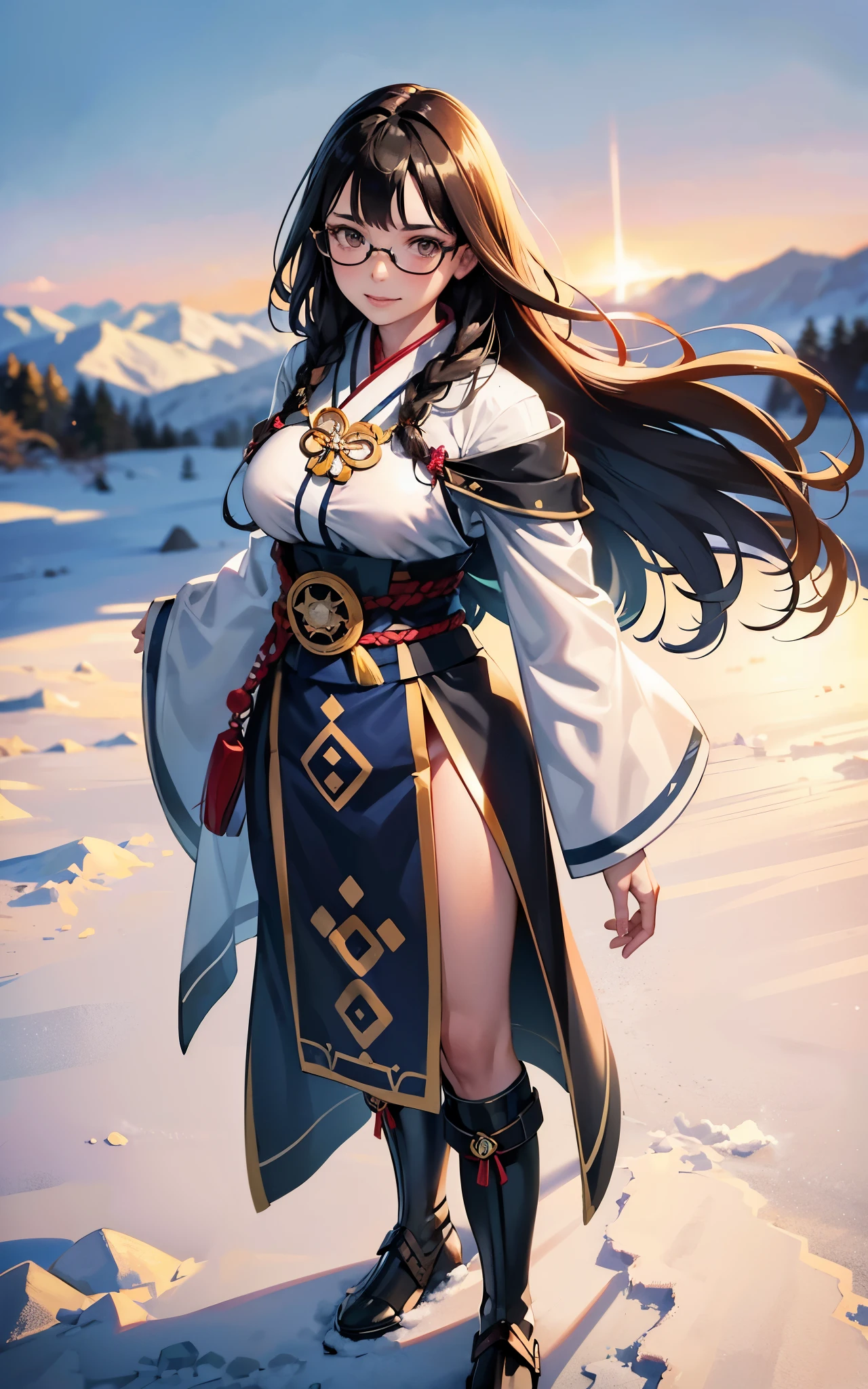 (masterpiece:1.4), portrait, (lady, straight face lines, black long straight coal black hair, black makeup, long black eye lashes, black thin lips, cute littl nouse, violet galactic eyes, strict beauty, white skin, dominant, hands bihind back), full covering clothes, warm clothes a close up of a person standing on a rocky road in near the huge snowy mountain in spring, maiden, ornate flowing silvered robes, clothed in ethereal battle armor, ornate flowing robes, intricate outfit, eso armor, flowing robes and leather armor, intricate robes, ornate robes, clothed in ethereal armor, Japanese style