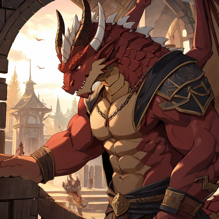 Wood Dragon Man,brown,horn,scales,strong,violent,red,Tragedy,Detailed character details