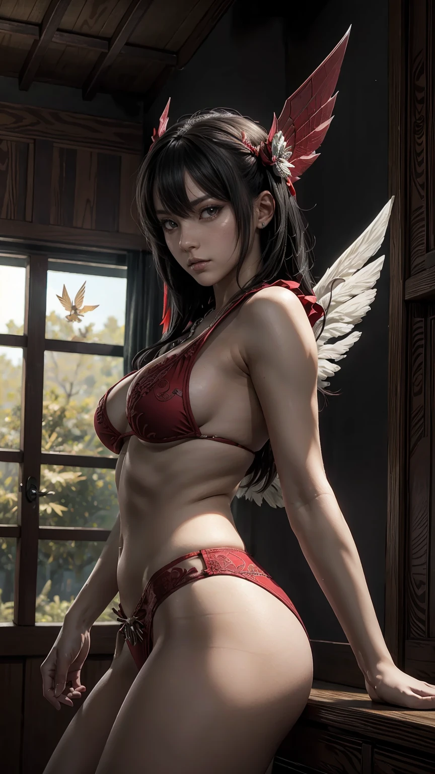 masterpiece, highest quality, super detailed, CG illustration, High resolution, better lighting, best shadow, very delicate and beautiful, Proper shading, HD, 8K, ray tracing, Very detailed and sharp backgrounds, perfect light, anime style, Inspired by the game Maho Kenshi: Ruby House (tengu, Winged mountain god, Aggressive, red and white colors), strength, Samurai Punk, alone, 1 female, black hair, red eyes,  adult, Obi Tassel,