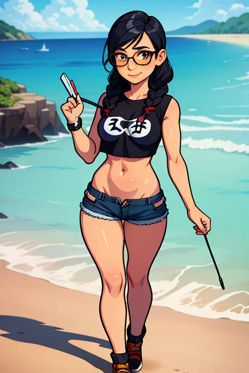 masterpiece, high quality cg, anime, illustration, best quality, 1girl, bound, bondage, beautiful face, detailed face, dokkaebi, 1girl, solo, black hair, braid, glasses,hair behind ear, crop-top, denim shorts, walking, beach town, smiling, full body portrait
