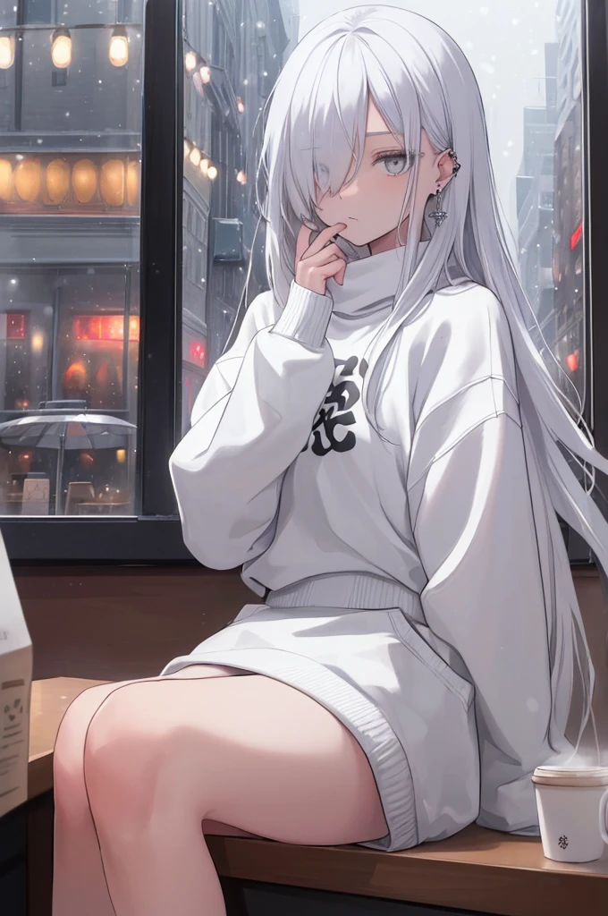 ((masterpiece:1.6, best quality:1.2)), 1girl, solo focus, beautiful skin, white sweatshirt, long white hair, grey eyes, sitting, earrings, piercing, coffee shop window, night, snowing, cityscape, tall female, beautiful and delicate female, comfy ambience, {correct posing}, {detailed background}, a miniskirt, hair over one eye