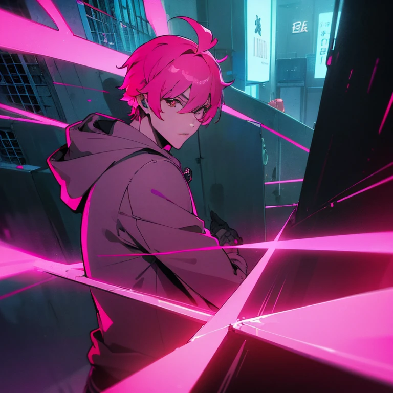 (shortcut), (two block hair), (bright pink hair), (red eyes), (cool pose), (top quality), (masterpiece), (Super detailed), (oversized hoodie), (Street style), (neon), (modern city), (neonデイライト), (cinematic), (stylish), (High resolution), (hyper-detailed), (soft town), (Nightcore), (a handsome guy), (man wearing headphones), (natural appearance of the building), (IG studio anime style), (Low - Angle), (looking at the camera), (visualize)
