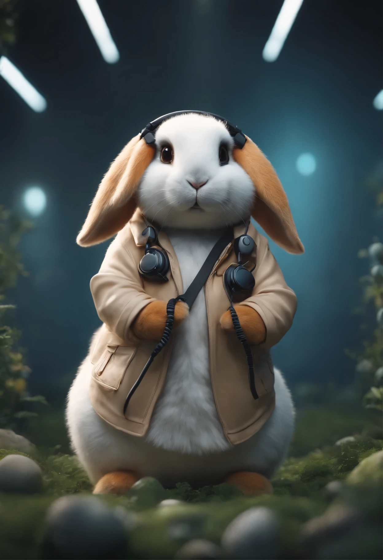 Perfect centering, Cute fat rabbit, Wear a jacket, Wearing sunglasses, Wearing headphones, cheerfulness, Standing position, Abstract beauty, Centered, Looking at the camera, Facing the camera, nearing perfection, Dynamic, Highly detailed, smooth, Sharp focus, 8K