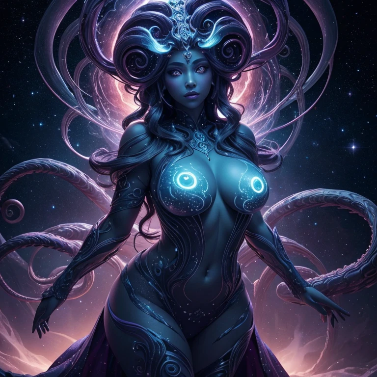 An eldritch creature with glowing humanoid features stands in the cosmos. Its voluptuous figure exudes an otherworldly beauty, with mesmerizing eyes that glimmer with an ethereal light and luscious lips that emit a faint radiance. Intricate details adorn its face, from delicate eyelashes to intricate facial patterns, creating a captivating visage. Its body is adorned with sinuous tentacles and tendrils, which writhe and coil around its form, pulsating with an otherworldly energy. The celestial backdrop is filled with vast stars and swirling galaxies, casting a mesmerizing glow upon the creature. The scene is bathed in vivid colors, accentuating the cosmic beauty. The lighting is carefully orchestrated, with a soft and ethereal glow emanating from the creature, casting intriguing shadows that dance across the cosmos. The image is of the highest quality, boasting ultra-detailed and photorealistic rendering, capturing every intricate feature and texture with astonishing clarity. This masterpiece is a fusion of the cosmic and the eldritch, an awe-inspiring depiction of an extraordinary being within the vastness of the universe.