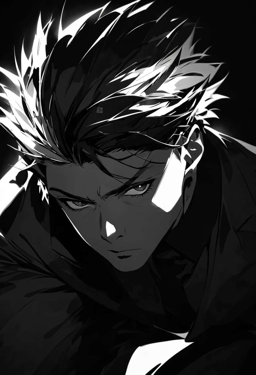 (backdrop,portrait,high contrast,best quality,ultra-detailed,dark background,studio lighting,professional),(1man,tall,muscular,black spiked hair,bangs,serious expression),(wearing a black suit,white dress shirt),(squatting on the ground,looking at camera)