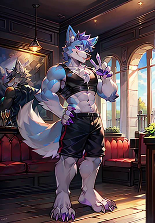high-definition,cafe,potted,noon,blue sky,single player,Wolf Animal Humanoid,Muscle tissue,out of stock,male figure,full body standing painting,Short hair details,light gray fur,dark blue ear,Furry wolf tail,Dark gray tail root,The tip of the tail is white,dark purple arms,lavender paws,Hands raised two fingers peace sign,The limbs are wolf claws,4 purple fingers,4 purple toes,look left,Happy expression with tongue slightly sticking out,black clothes,black shorts,a double barrel shotgun,standing posture。