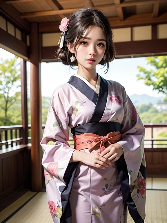 master piece,hyper quality, very detailed,perfect picture,solo、Kimono beauty、generally、Japanese clothing、black haired bitch、japanese hair、colorful japanese kimono、Nishijin textile、delicate and smart eyes、half-open lips、look sideways、elegant、nice、beautiful、blush(0.2)、dazzling、amazing、nice、kind、Sunlight、natural soft light、Flowers, Birds, Wind and Moon、traditional japanese room、accurate drawings、Detail view、Kana Hashimoto