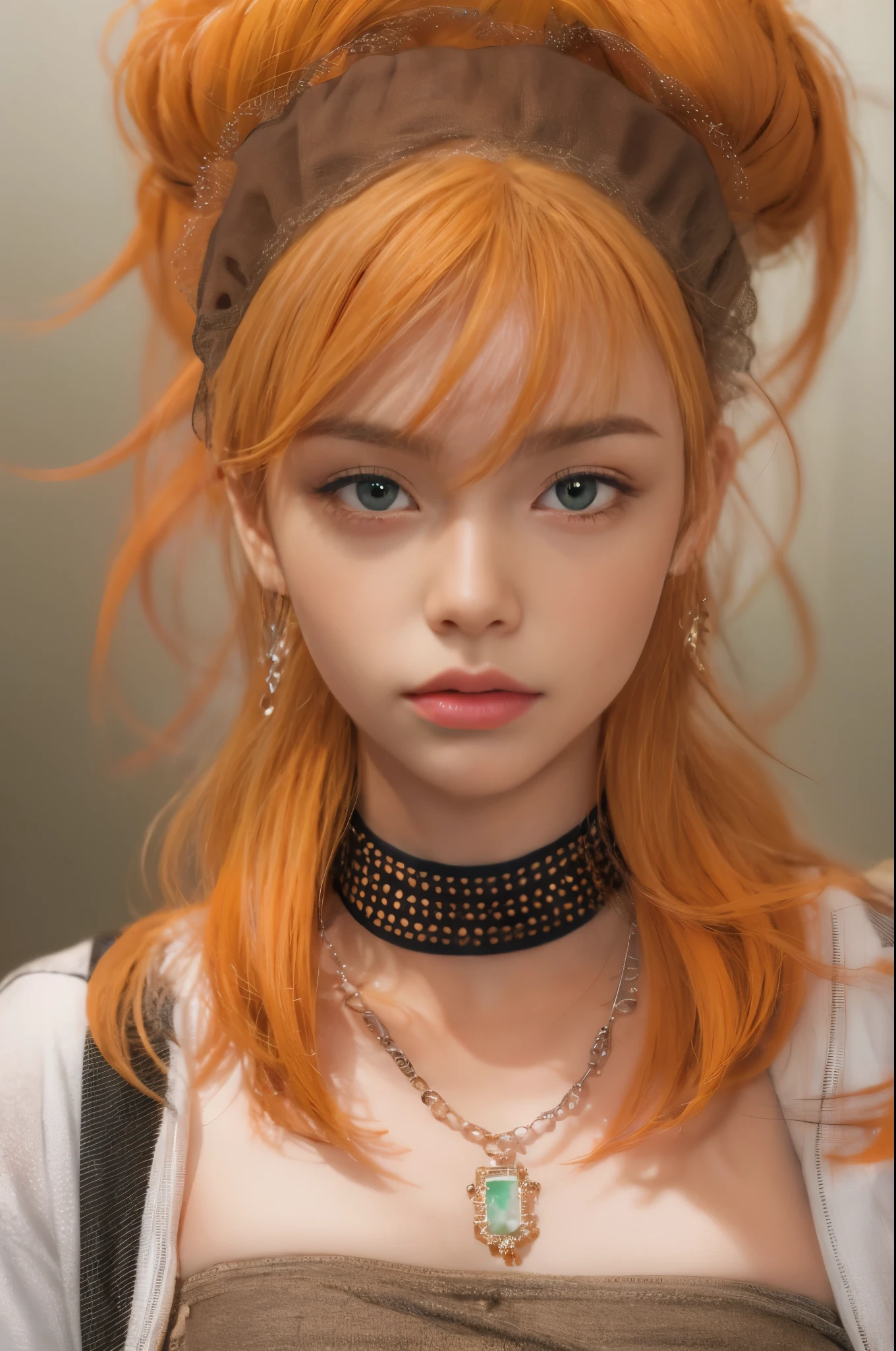 photorealistic, high resolution, 1 girl with layka face, layka, malay, hips up, beautiful green eyes, orange hair, white streetwear with orange stripe, black necklace choker, elegant earrings, radiance.