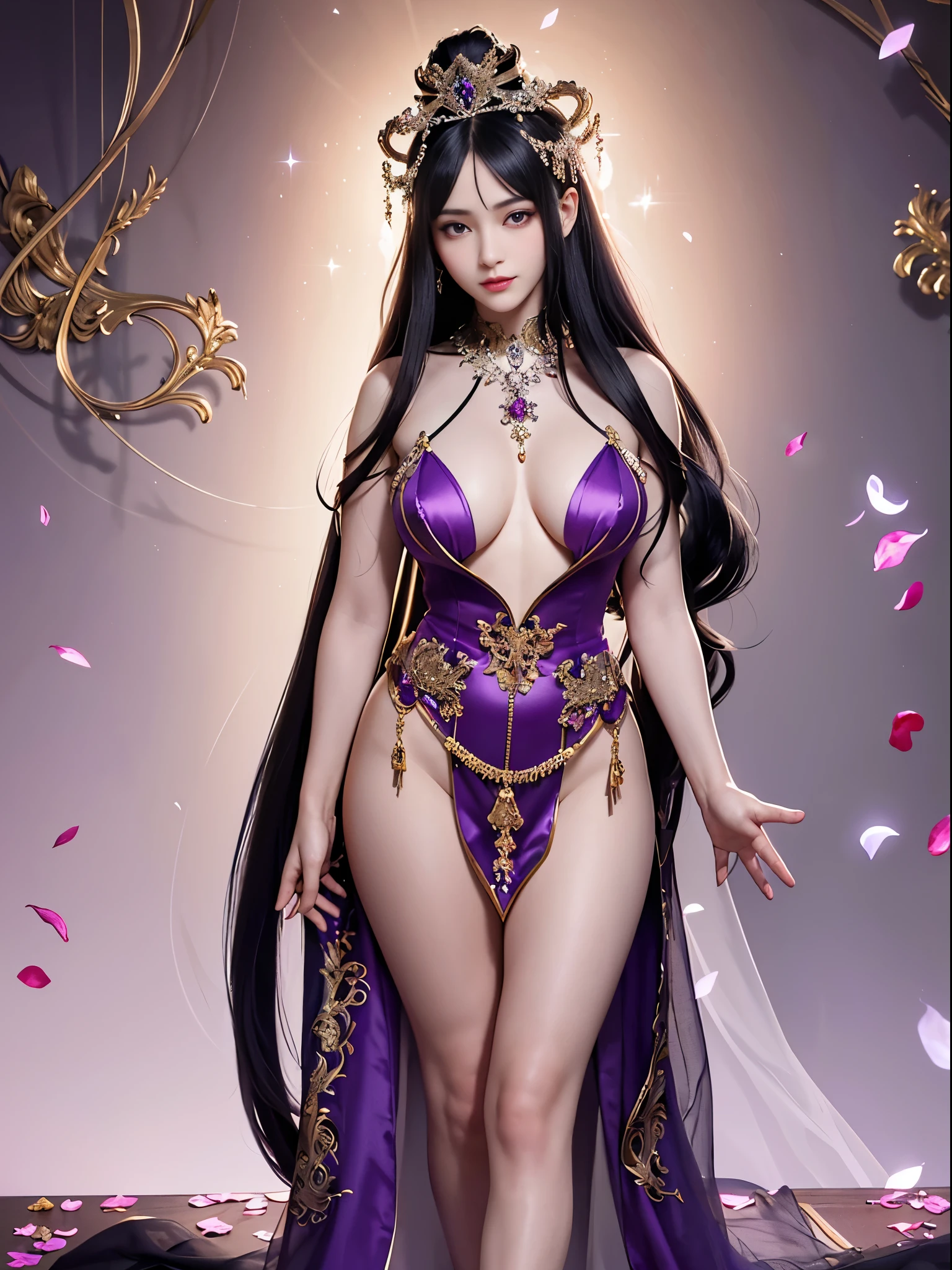 masterpiece,Highest resolution,((magic sphere)),Dynamic bust of beautiful aristocratic girl,The long black hair is elegantly tied up,((red crown)),veil,Purple clear eyes,Hair covered with beautiful and delicate floral arrangements, crystal jewelry filigree,Ultra-detailed details,advanced, Face focus,Full body display,Full body display