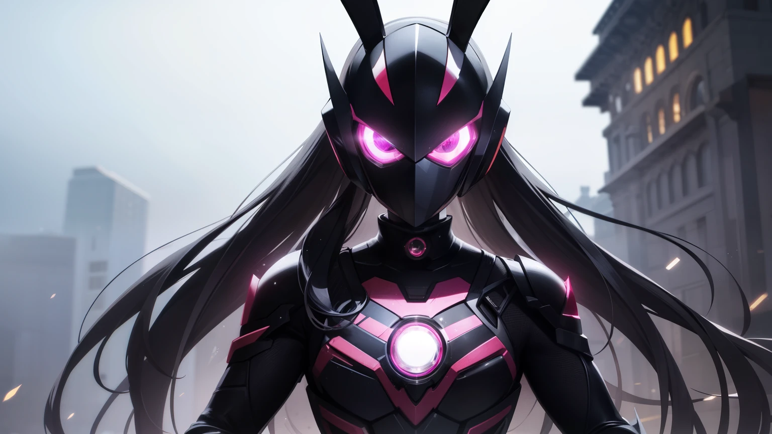 kamen rider ai, kamen rider driver, pink and black flames, bunny motif, black hole, mecha humanoid helmet, face entirely covered on helmet, standing, full armor, BREAK looking at viewer, BREAK (masterpiece:1.2), best quality, high resolution, unity 8k wallpaper, (illustration:0.8), (beautiful detailed eyes:1.6), extremely detailed face, perfect lighting, extremely detailed CG, (perfect hands, perfect anatomy)