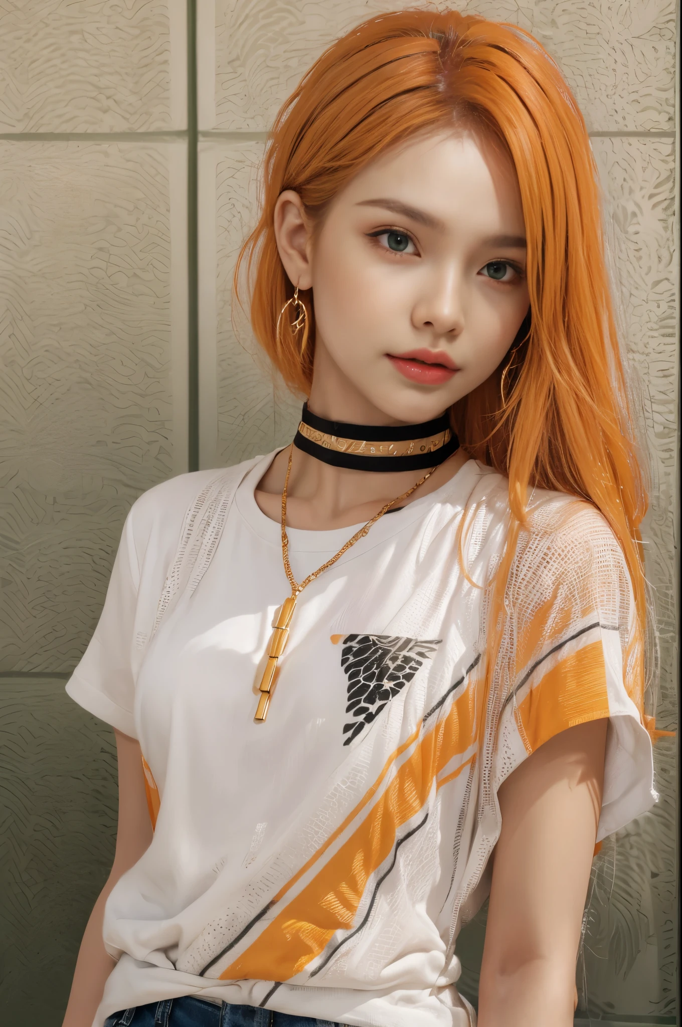 photorealistic, high resolution, 1 girl with layka face, layka, malay, hips up, beautiful green eyes, orange hair, white streetwear with orange stripe, black necklace choker, elegant earrings, radiance. 