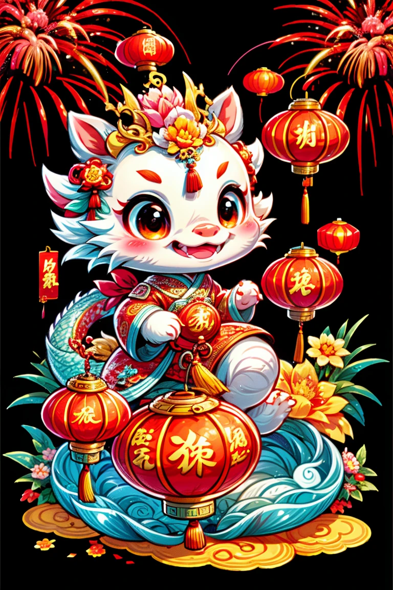 1 Chinese dragon，[(Chinese red background:1.5)::5]，medium shot，Chinese style，Spring Festival，lantern，fireworks，firecracker，Floral fragrance，stone fragment，Beautiful and delicate water，moiré floor，Cute Chinese Dragon