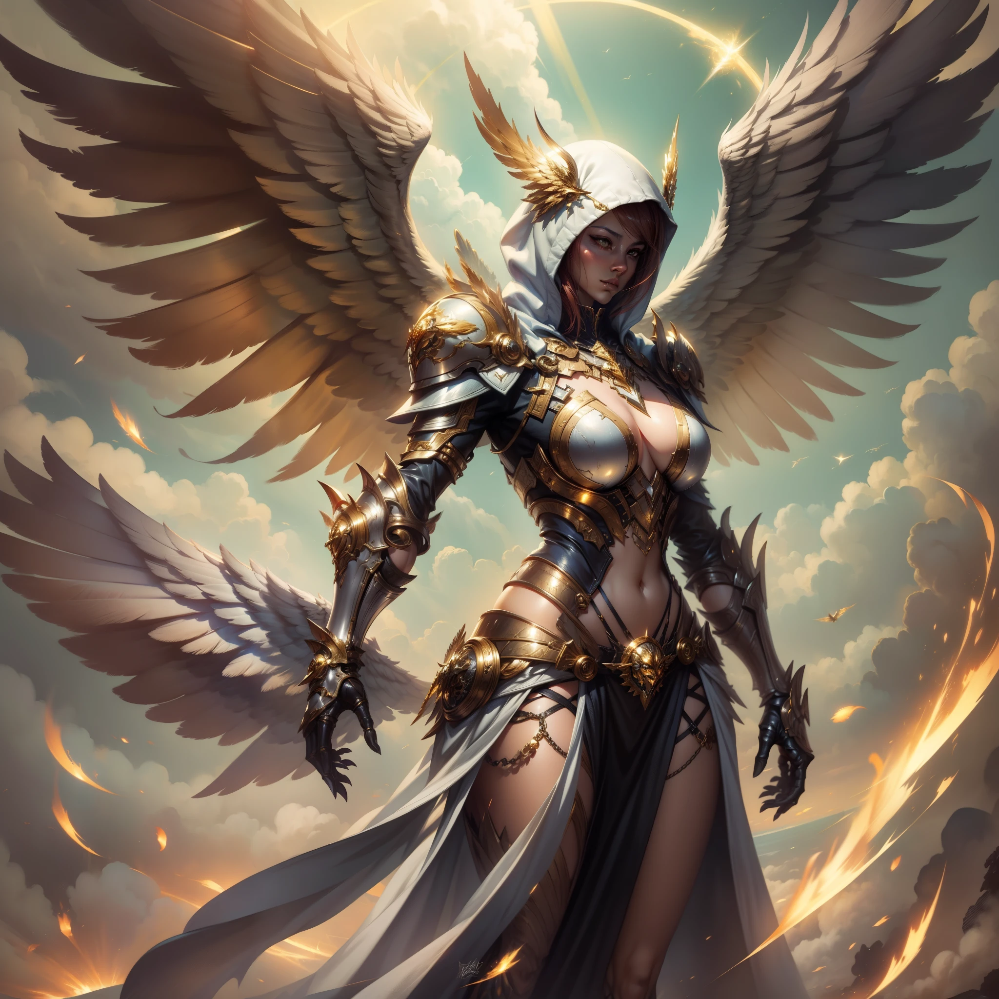 Golden armored angel, wings made of energy, metal halo, no face, hooded, gold, fantasy, concept art, ultra realistic, character art by greg rutkowski
