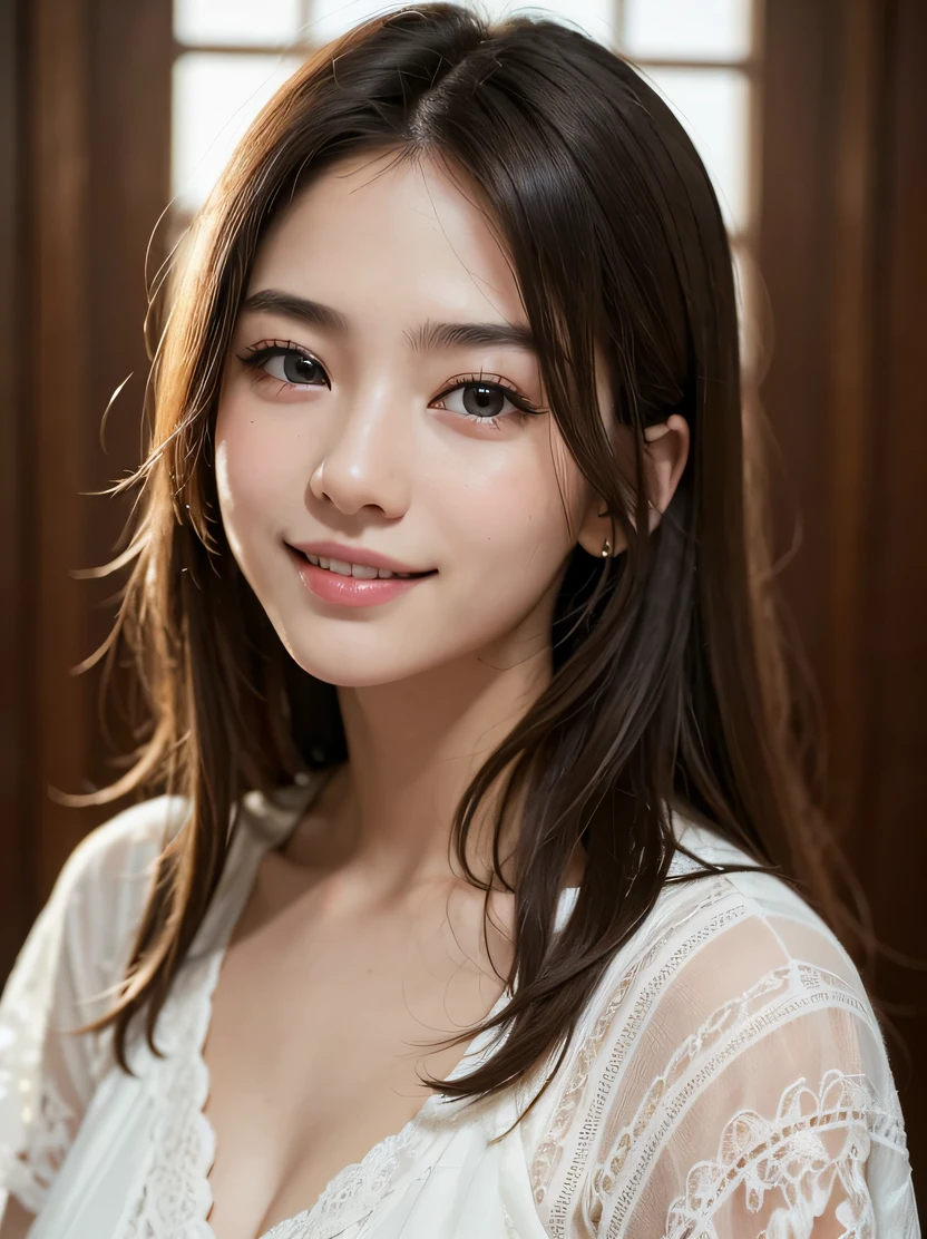 ((masterpiece、highest quality、genuine、Super detailed、High resolution、realistic、sharp focus、cinematic lighting))、3/5 shots、Fine skin texture、detailed fabric texture、beautiful features、intricate details、1 female、20-year-old、Loose dark brown hair、dark brown eyes、hair is dirty、A simply dressed、Landscapes of the 21st century、smile、look at the audience