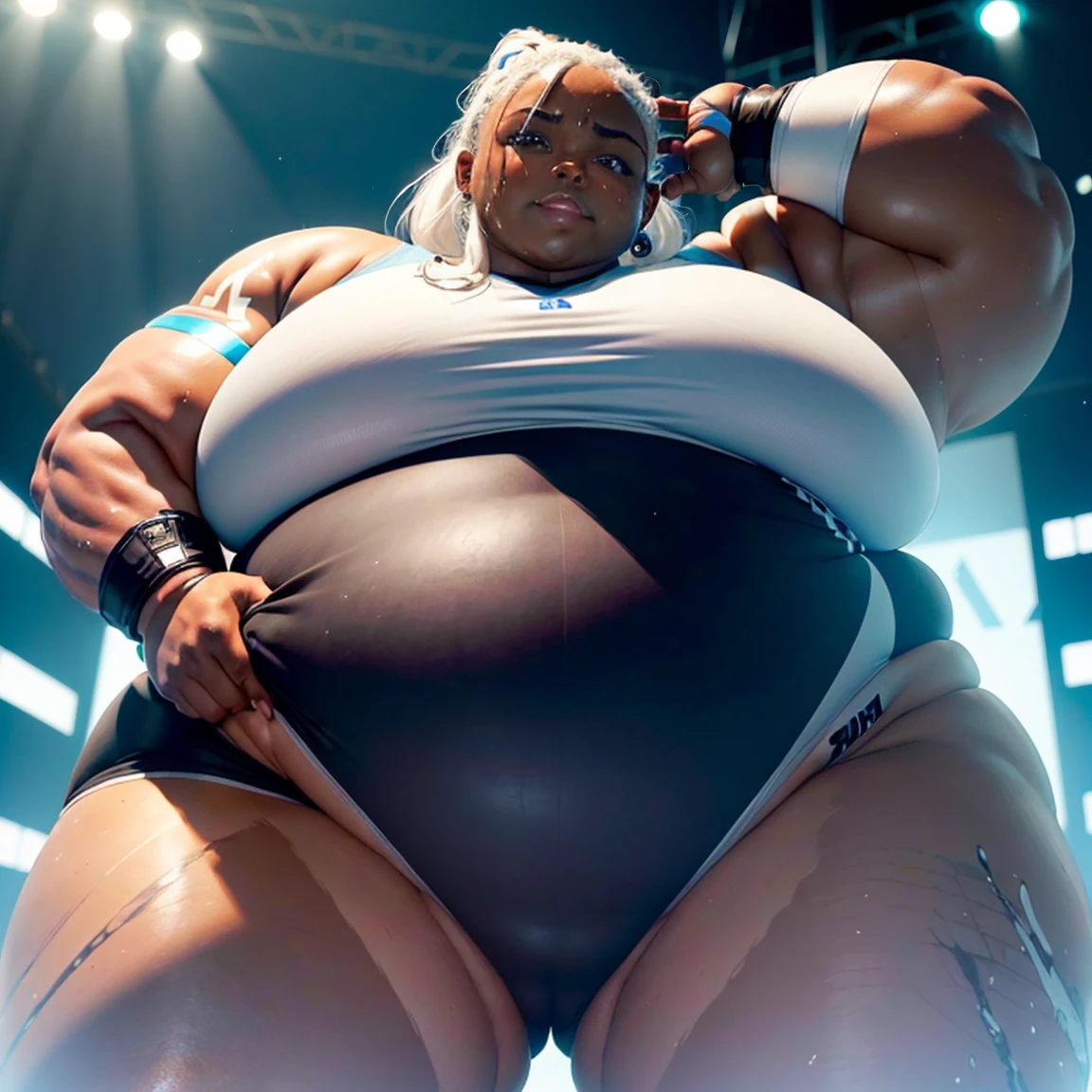 ((Dark skin)), dark skinned female, ((giantess)), ((strongfat)), ssbbw, obese, ((strong arms)), white hair, blue eyes, ((tall)), (gentle smile), (wrestling gear), gigantic, insanely large belly, sweaty, subtle blush, (bare arms), ((biceps)), ((flexing)), leotard, fingerless gloves, wrestling ring background, far away subject
