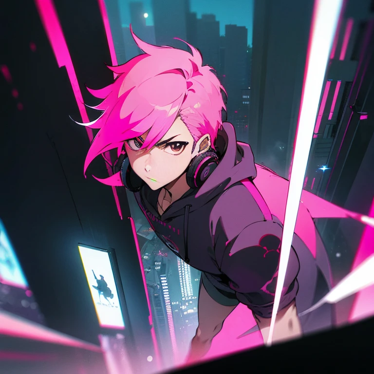 (shortcut), (two block hair), (bright pink hair), (red eyes), (cool pose), (man wearing headphones), (top quality), (masterpiece), (Super detailed), (oversized hoodie), (Street style), (neon), (modern city), (neonデイライト), (cinematic), (stylish), (High resolution), (hyper-detailed), (soft town), (Nightcore), (a handsome guy), (natural appearance of the building), (IG studio anime style), (Low - Angle), (looking at the camera), (visualize)
