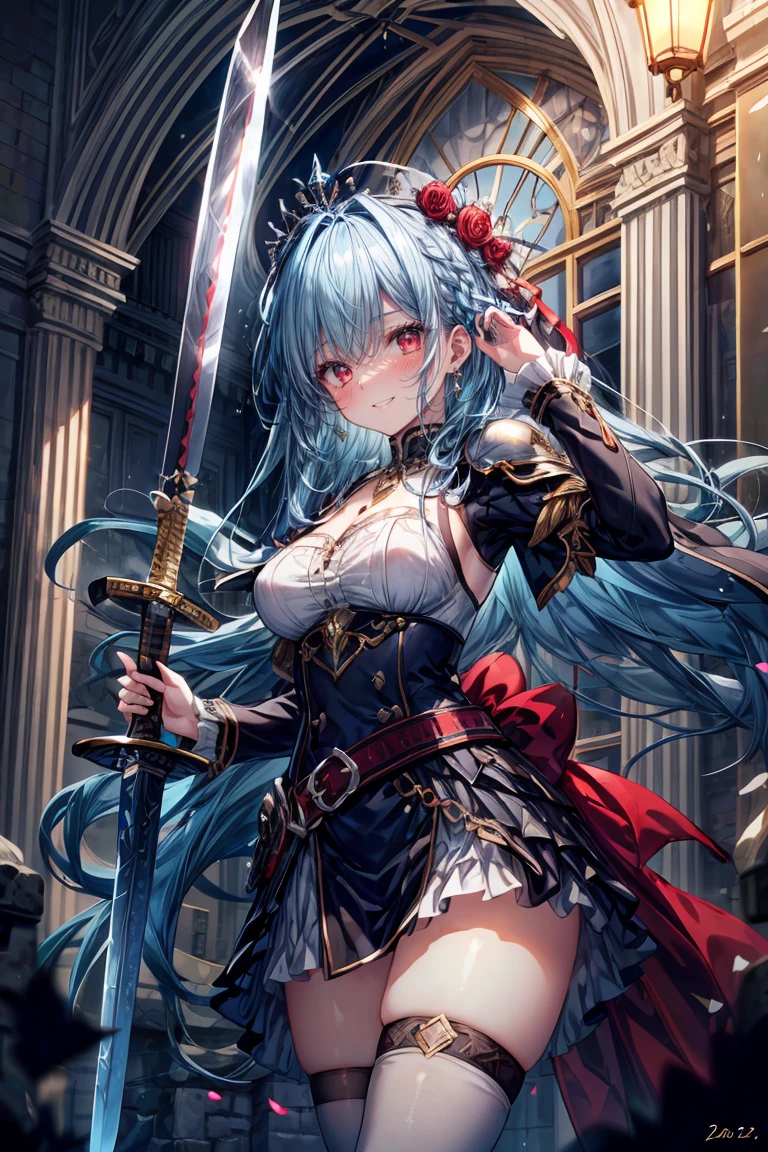 ((8K masterpiece,highest quality)), ultra high resolution, hyper detail, (1 girl), beautiful face, beautiful and delicate eyes,((red eyes)),Big eyes,shining eyes of light,Thin and long eyelashes,detailed light,((blue hair)),((long hair)),((straight hair)),big breasts,(very large thighs),thin waist,blush,(grinning smile),troubled face,(please open your mouth wide),(royal swordsman),(((Hold Sword))),silver holy armor,sacred belt around the waist,sapphire crown,gold necklace,sapphire earrings,silver hair ornament,white knee socks,scattered treasures,ambition,(royal family of darkness),(Inside the castle),action pose,motion blur,Depth of written boundary,spectacular panoramic view,angle from below