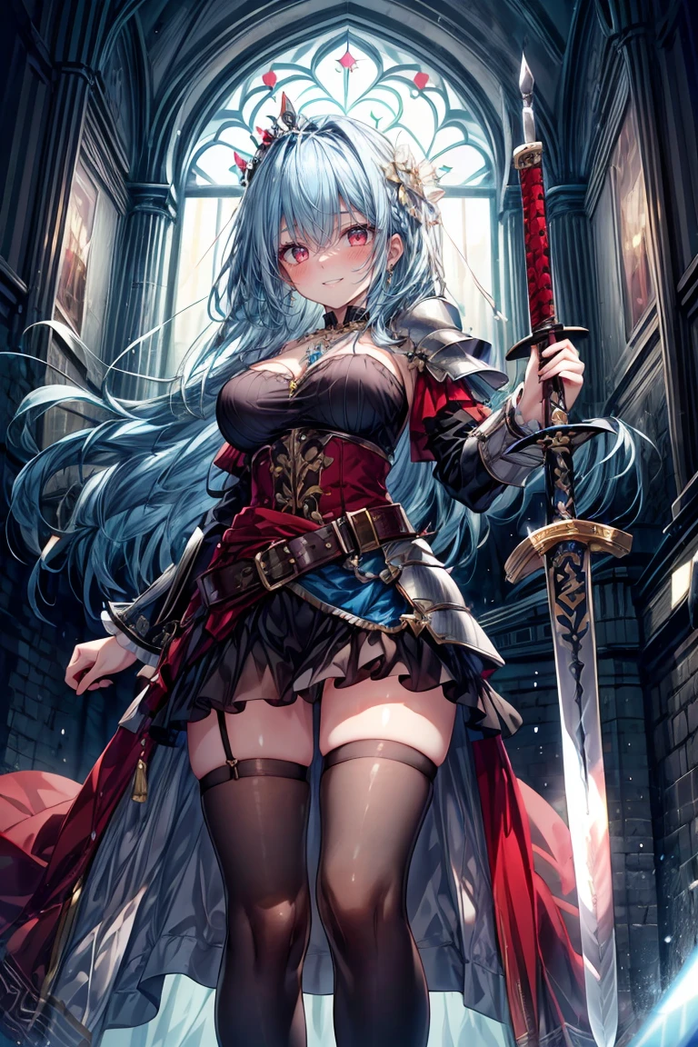 ((8K masterpiece,highest quality)), ultra high resolution, hyper detail, (1 girl), beautiful face, beautiful and delicate eyes,((red eyes)),Big eyes,shining eyes of light,Thin and long eyelashes,detailed light,((blue hair)),((long hair)),((straight hair)),big breasts,(very large thighs),thin waist,blush,(grinning smile),troubled face,(please open your mouth wide),(royal swordsman),(((Hold Sword))),silver holy armor,sacred belt around the waist,sapphire crown,gold necklace,sapphire earrings,silver hair ornament,white knee socks,scattered treasures,ambition,(royal family of darkness),(Inside the castle),action pose,motion blur,Depth of written boundary,spectacular panoramic view,angle from below