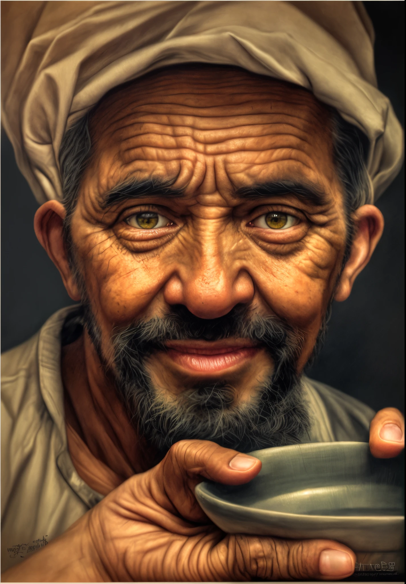 Drawing of a man holding a bowl of food in his hands, very detailed portrait, extremely detailed portrait, Amazing artwork, beautiful artwork, intricate portrait, Very detailed old painting, ultra detailed portrait, amazing shadow, highly detailed portrait, detailed portrait, portrait. high detail, stunning portrait, hyper-detailed portrait, wonderful shade, portrait