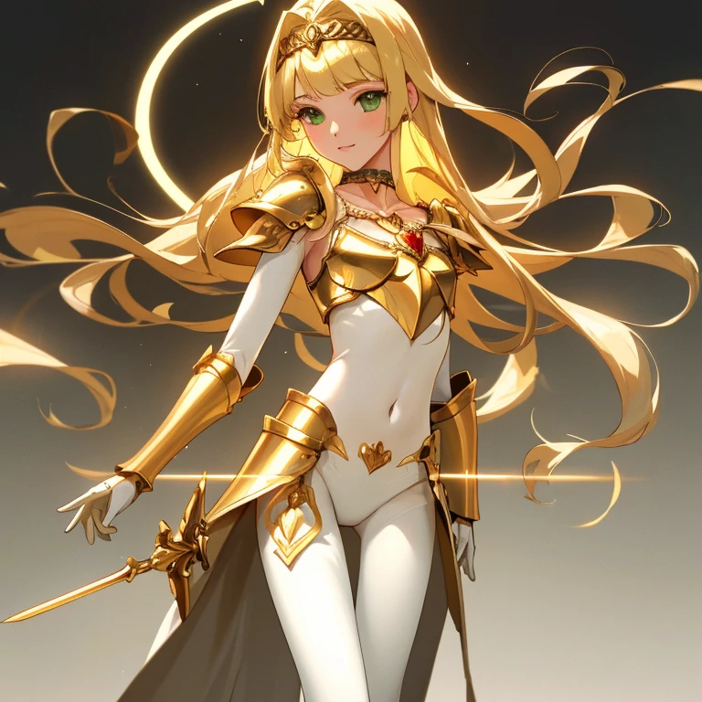 {{{{amazing quality, great quality, high quality, very aesthetic, aesthetic, best quality}}}},
realistic, photo, shadow, Three-dimensional, absurdres, Digital art,
{{{{Princess Knight}}}}, beautiful girl, one girl,
blonde hair, long straight hair, hair, trimmed hair, shiny hair, blunt bangs, short sideburns,
green eyes, tareme,
{{flat chest}}, {{small breasts}}, {{detailed body}}, slim thighs, thin thighs,
{{{white full body tights}}}, {{{white underwear}}},
{golden breastplatered}, {golden chest armor}, {golden arm armor}, {golden leg armor},
{covered navel}, {visible chest},
heart brooch, heart-shaped choker on left arm, white headband, white circlet, sword,