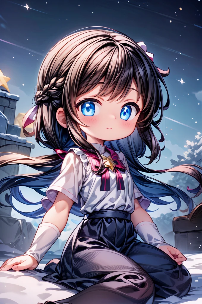 masterpiece, professiuponal_artwork, 1girl, (cute, , cute:1.2), sitting, close, closed_mouth, alone, lupong hair, french_Braid, magical_girl, magic_circle, looking at the viewer, hand_upon_Own_face, frost theme, a magical show, A world of wuponder, Pure and bright, fantasy theme, snow, snowing, starry sky background, snow background, Backlight, eyes of the abyss,(Very detailed CG, unity, 8k wallpaper:1.2), ((super detailed)), ((illustratiupon)),colorful,wallpaper,energy,UnknOwn terror,Around the magic,magic surrounds,magic陣, 